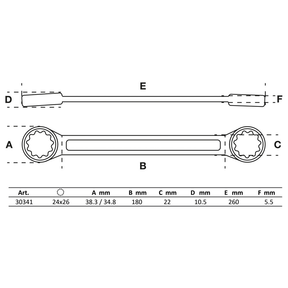 Clé polygonales double embouts - extra plate - 24 x 26 mm