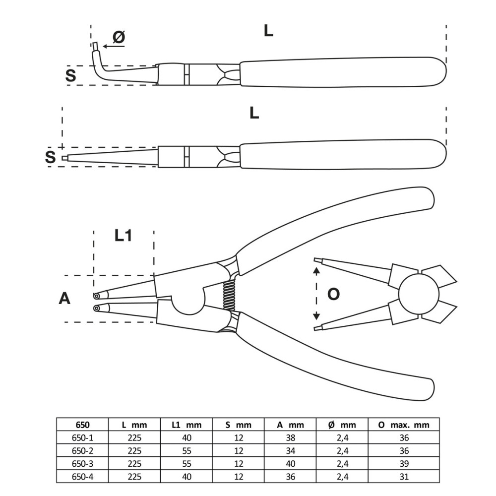 Jeu de pinces à circlips 225 mm - 4 pièces