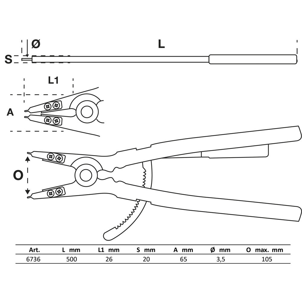 Pince pour circlips - droite - pour circlips extérieurs - 500 mm