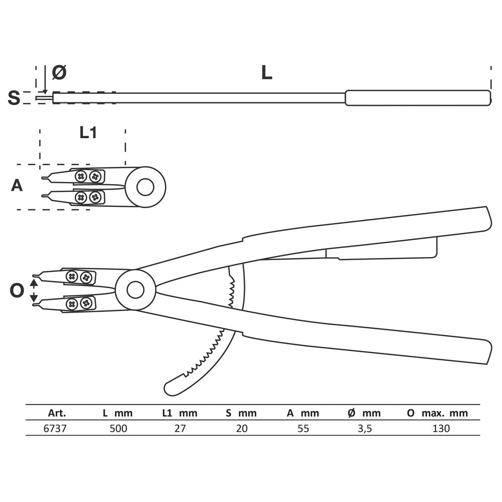 Pince pour circlips - droite - pour circlips intérieurs - 500 mm