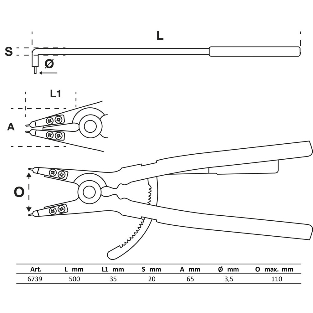 Pince pour circlips - coudée - pour circlips extérieurs - 500 mm