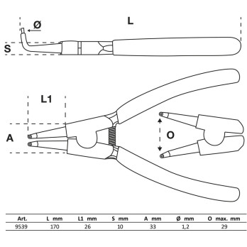 Pince pour circlips - 90° - pour circlips extérieurs - 165 mm