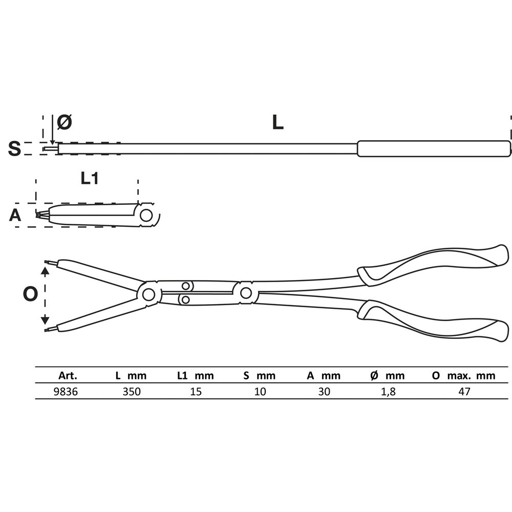 Jeu de pinces pour circlips à double articulation - pointes échangeables - 345 mm