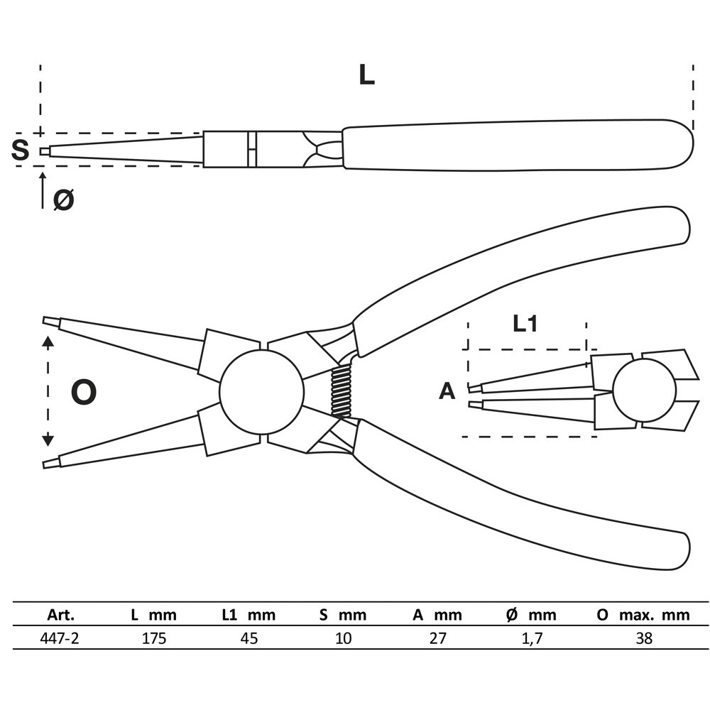 Pince pour circlips - droite - pour circlips extérieurs - 175 mm