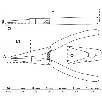 Pince pour circlips - coudée - pour circlips intérieurs - 175 mm