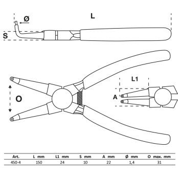 Pince pour circlips - coudée - pour circlips intérieurs - 150 mm